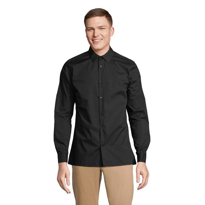 Camisa negra de manga larga para hombre con cuello y botones a juego