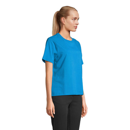 Camiseta mujer azul vista lateral con modelo