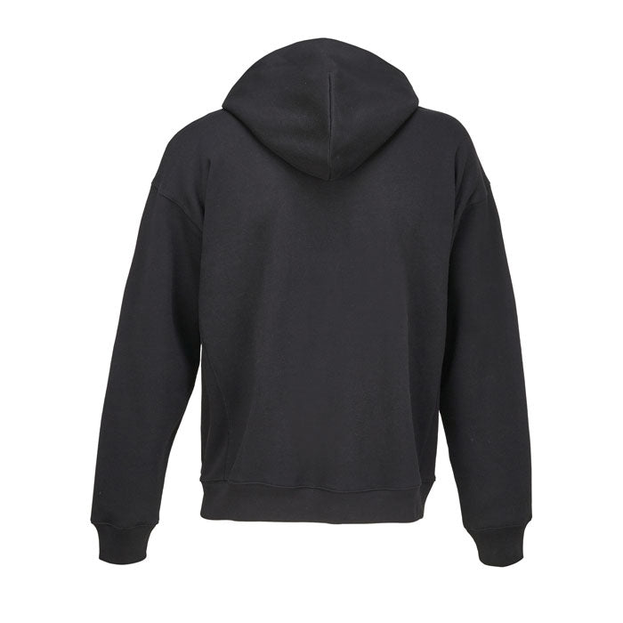 Vista trasera de sudadera negra con capucha y puños ajustados