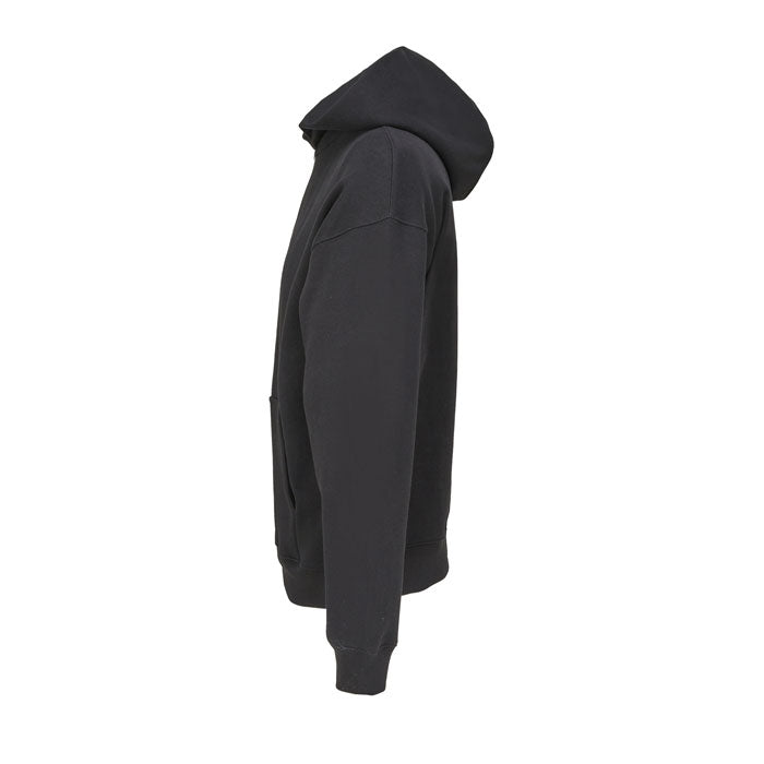 Vista lateral de sudadera negra con capucha y bajo acanalado