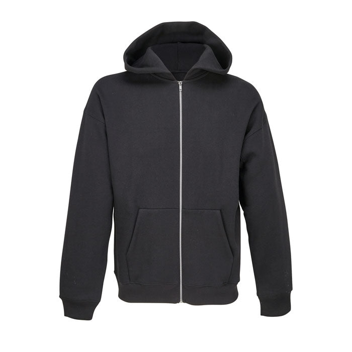 Sudadera negra con capucha y cremallera metálica vista de frente