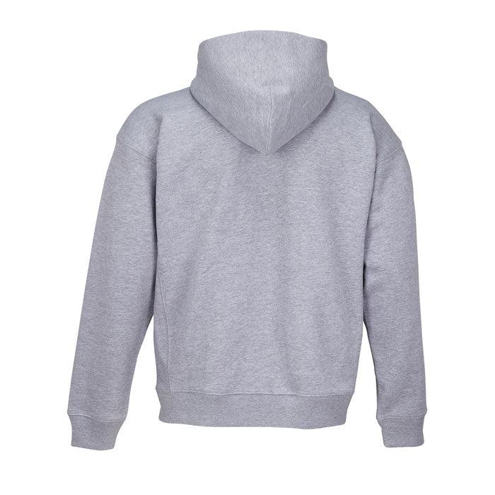 Sudadera gris claro con capucha y cremallera completa vista de frente