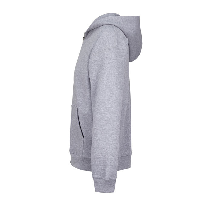 Vista lateral de sudadera gris claro con capucha y mangas largas