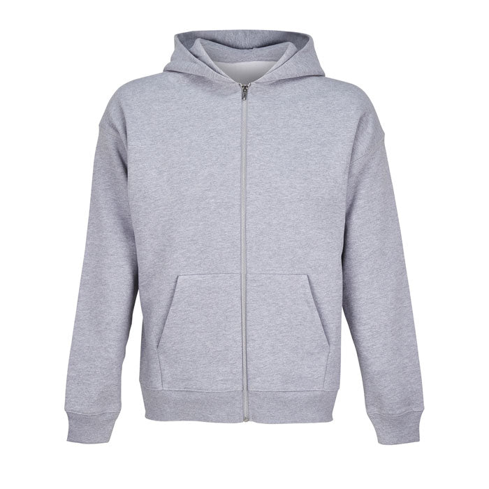Sudadera gris claro con capucha, cremallera frontal y bolsillos delanteros