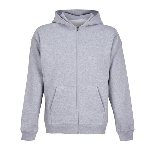 Sudadera gris claro con capucha, cremallera frontal y bolsillos delanteros