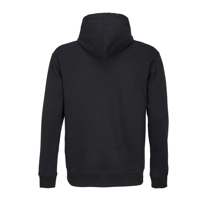 Vista trasera de sudadera negra con capucha y puños ajustados