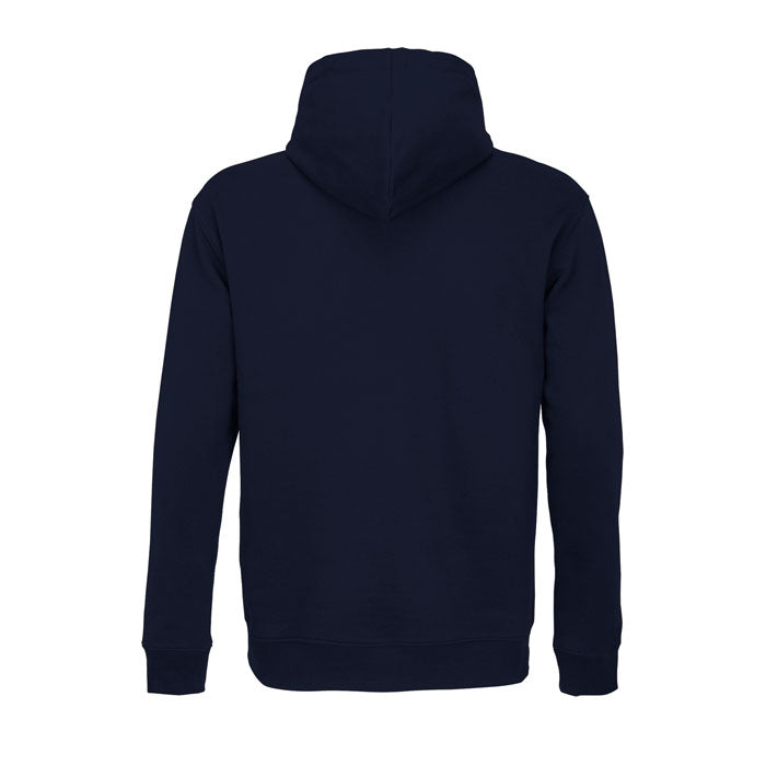 Vista trasera de sudadera azul marino con capucha y mangas largas