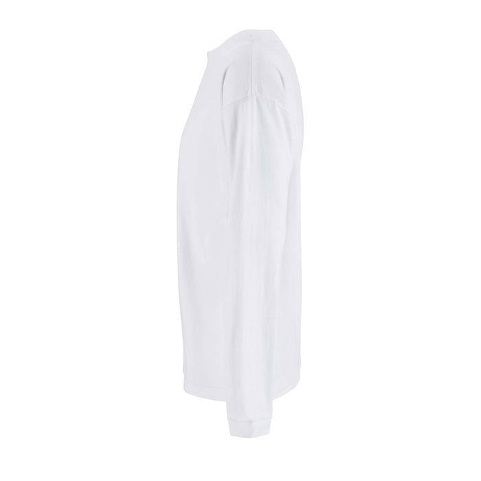 Perfil lateral de la LEGACY LSL CAMISETA 220g, destaca su corte tubular y mangas largas en color blanco.