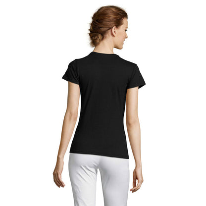 Parte posterior de camiseta femenina turquesa, corte recto