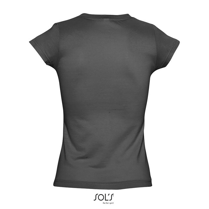 Vista trasera de una camiseta ajustada de mujer en color gris oscuro, con manga corta y cuello redondo.