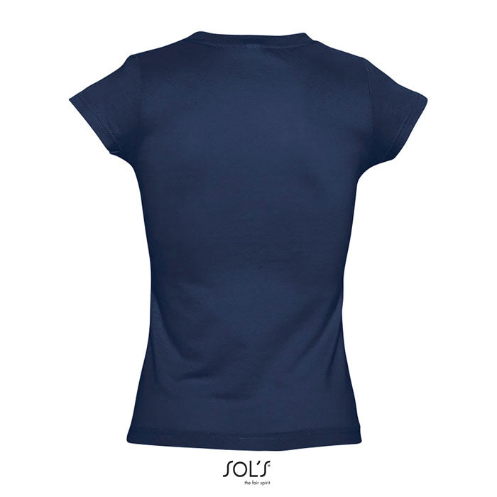 Vista posterior de una camiseta de mujer en color azul marino, con corte ajustado y mangas cortas, fabricada en 100% algodón.