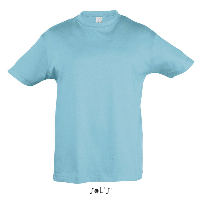 Camiseta infantil de color azul claro, 100% algodón, con cuello redondo y mangas cortas para niños de 2 a 6 años.