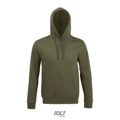 Modelo con sudadera azul, capucha visible desde atrás